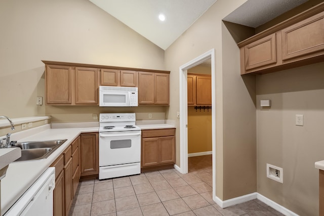 kitchen featuring sink, high vaulted ceiling, white appliances, and light tile floors