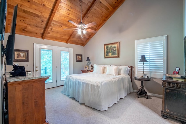 bedroom featuring light carpet, access to outside, wooden ceiling, beam ceiling, and ceiling fan