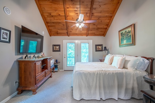 carpeted bedroom featuring vaulted ceiling with beams, wooden ceiling, ceiling fan, and access to outside