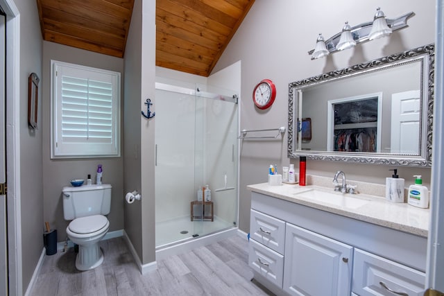 bathroom with walk in shower, oversized vanity, vaulted ceiling, wood ceiling, and toilet