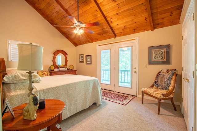 carpeted bedroom with wooden ceiling, beam ceiling, ceiling fan, and access to outside