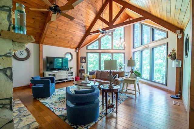 living room with wood ceiling, ceiling fan, wood-type flooring, and high vaulted ceiling