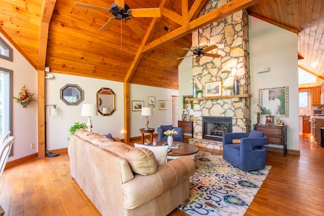 living room featuring hardwood / wood-style floors, ceiling fan, a fireplace, and beam ceiling