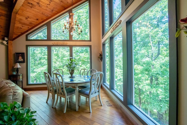 dining area featuring wood-type flooring, wooden ceiling, high vaulted ceiling, and an inviting chandelier