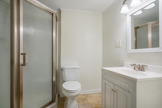 bathroom with a shower with shower door, tile flooring, vanity, and toilet