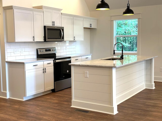 kitchen featuring sink, dark hardwood / wood-style floors, a center island with sink, and stainless steel appliances