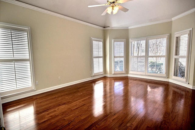 unfurnished room with ceiling fan, hardwood / wood-style flooring, and ornamental molding