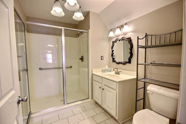 bathroom featuring vanity, a shower with shower door, and toilet