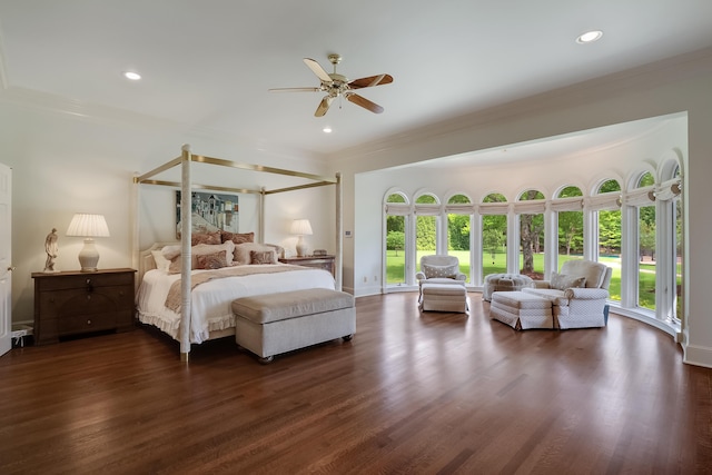 bedroom featuring crown molding, dark wood-type flooring, ceiling fan, and access to exterior