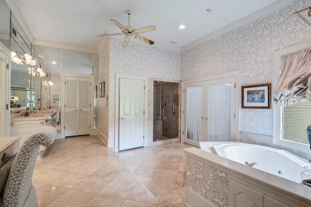 bathroom featuring ceiling fan, crown molding, separate shower and tub, tile floors, and vanity