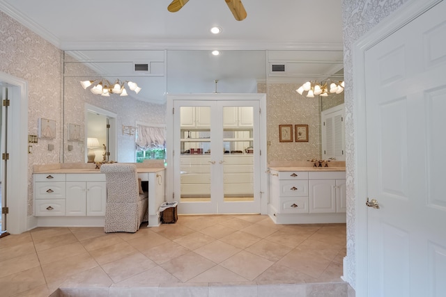 bathroom featuring french doors, ornamental molding, ceiling fan with notable chandelier, tile floors, and vanity