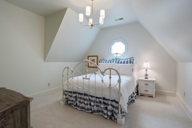 bedroom featuring a notable chandelier, vaulted ceiling, and carpet flooring