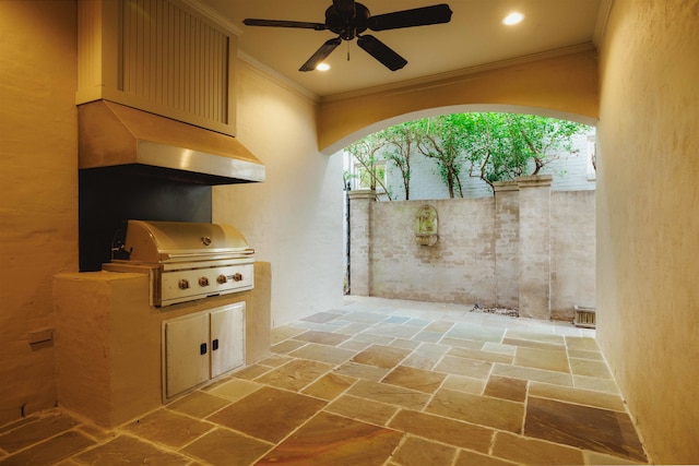 view of terrace with area for grilling and ceiling fan