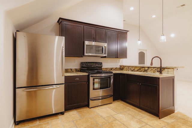 kitchen featuring high vaulted ceiling, stainless steel appliances, light stone counters, and light tile floors