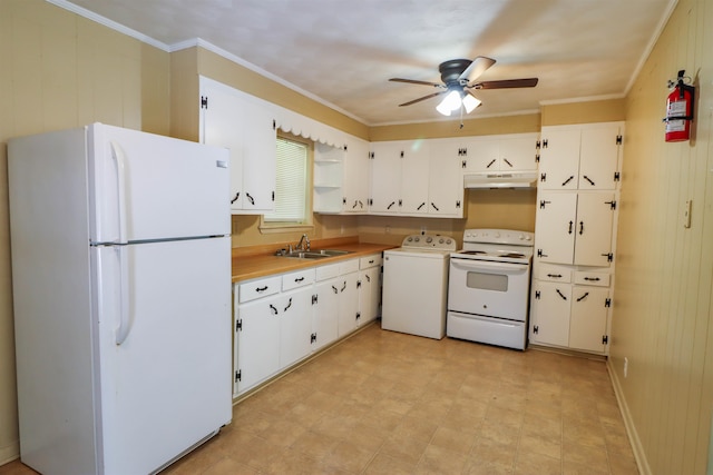 kitchen featuring washer / clothes dryer, ceiling fan, sink, white appliances, and light tile floors