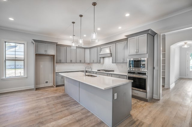 kitchen with appliances with stainless steel finishes, light hardwood / wood-style floors, custom range hood, and tasteful backsplash