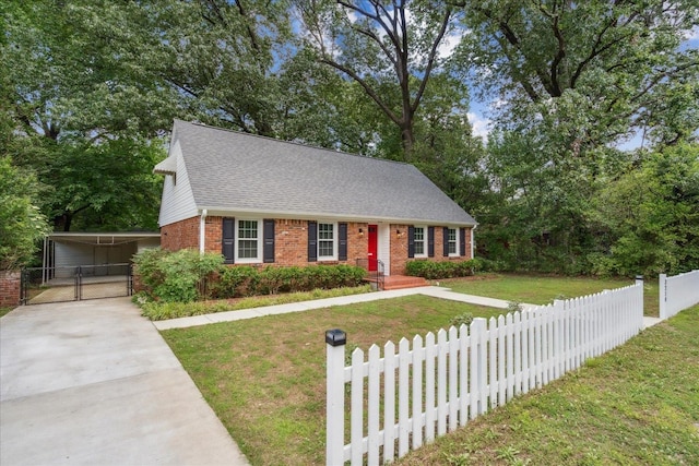 view of front of property featuring a front lawn and a carport