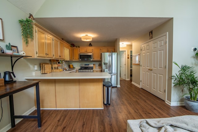 kitchen with appliances with stainless steel finishes, a kitchen breakfast bar, kitchen peninsula, and dark hardwood / wood-style flooring