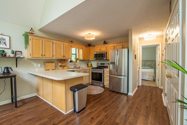 kitchen featuring dark hardwood / wood-style flooring, kitchen peninsula, stainless steel appliances, sink, and lofted ceiling