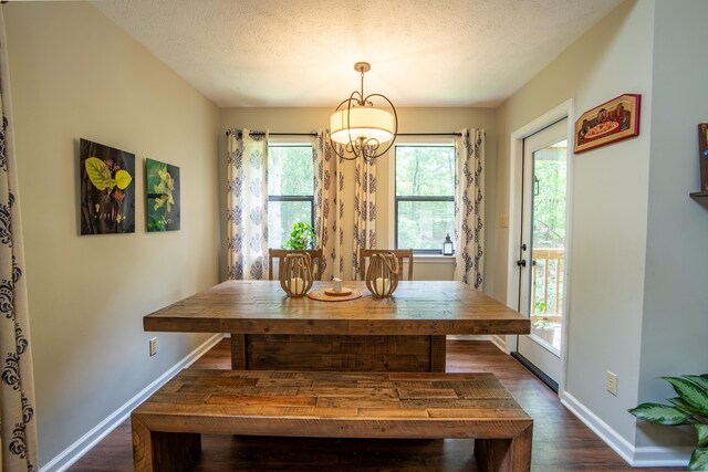 dining room with a wealth of natural light, dark hardwood / wood-style flooring, a chandelier, and a textured ceiling