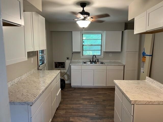 kitchen featuring white cabinets, sink, ceiling fan, and dark hardwood / wood-style floors