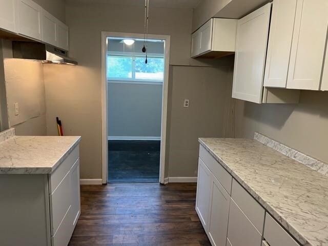 kitchen with white cabinets, light stone counters, and dark hardwood / wood-style flooring