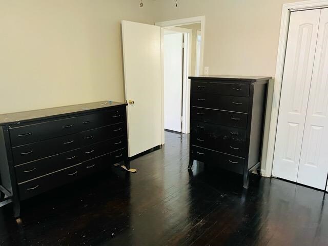 bedroom with dark hardwood / wood-style flooring and a closet