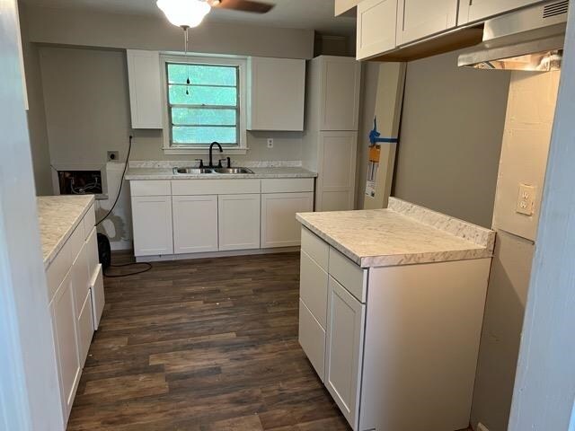 kitchen with white cabinetry, dark hardwood / wood-style floors, ceiling fan, and ventilation hood