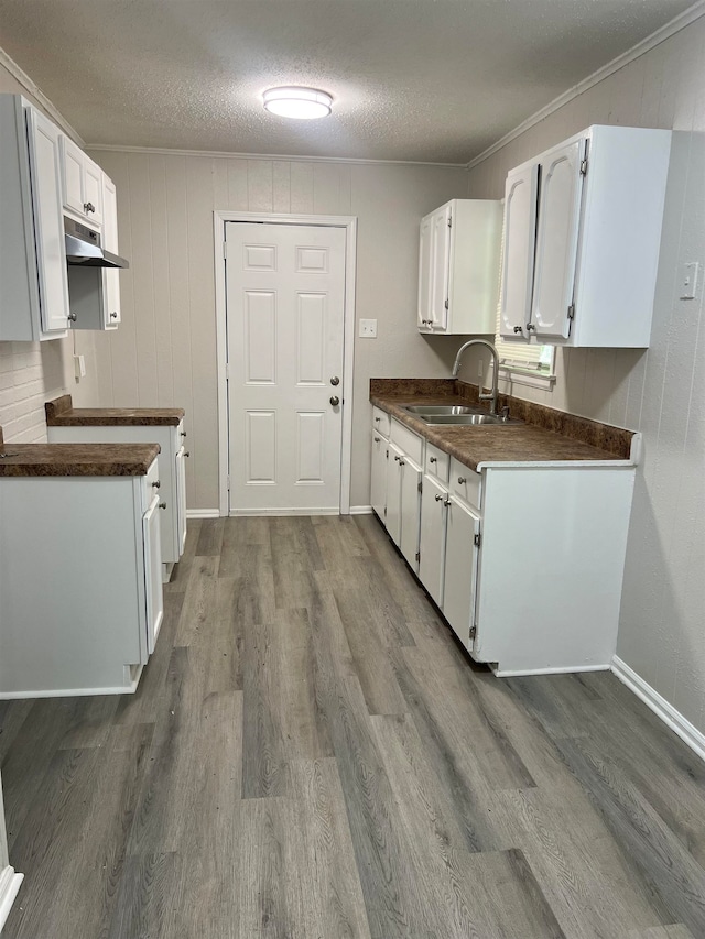 kitchen with hardwood / wood-style floors, white cabinets, sink, ornamental molding, and a textured ceiling