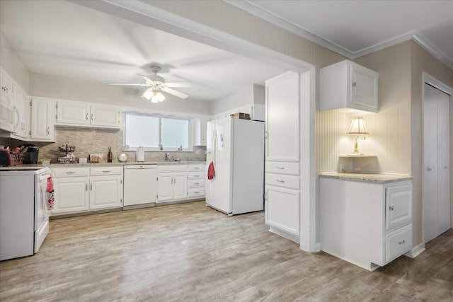 kitchen featuring white cabinets, ceiling fan, light hardwood / wood-style floors, and white appliances