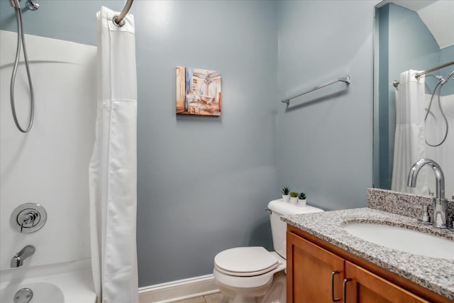 full bath with toilet, shower / tub combo, vanity, baseboards, and tile patterned floors