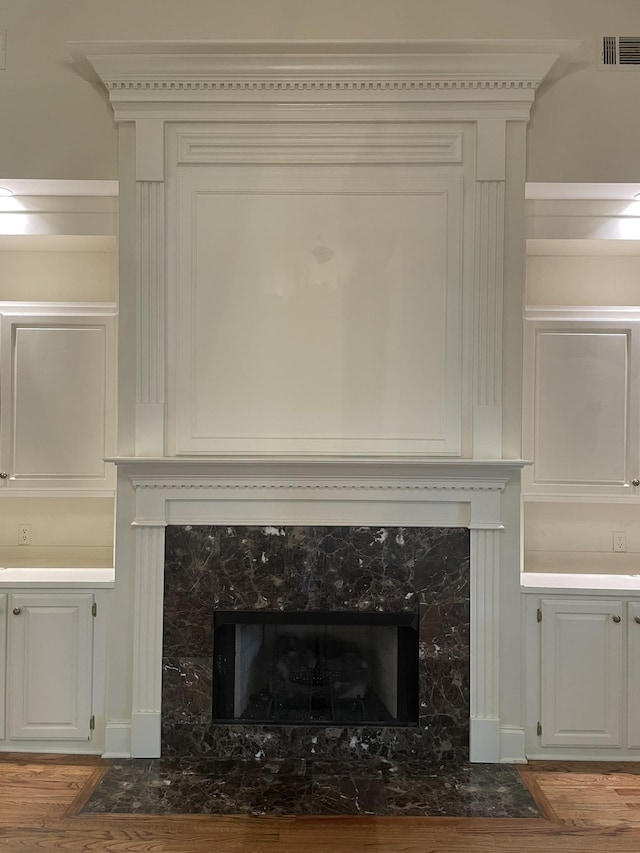 interior details featuring a premium fireplace and wood-type flooring