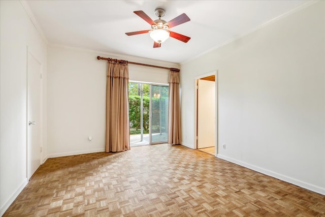 spare room featuring light parquet floors, ceiling fan, and crown molding