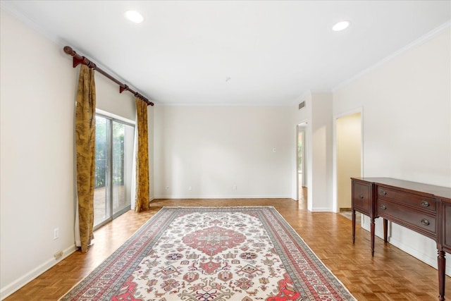 unfurnished room with parquet flooring and ornamental molding