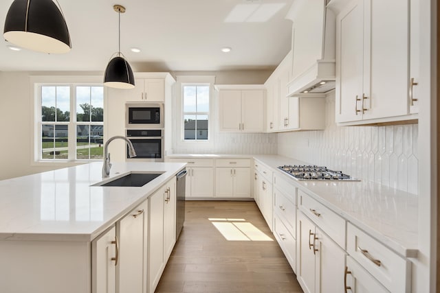 kitchen with stainless steel appliances, premium range hood, a sink, a healthy amount of sunlight, and backsplash