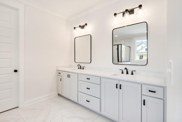 115 Independence Ln, Rossville, TN 38066 - full bathroom with double vanity, marble look tile flooring, a shower, and crown molding