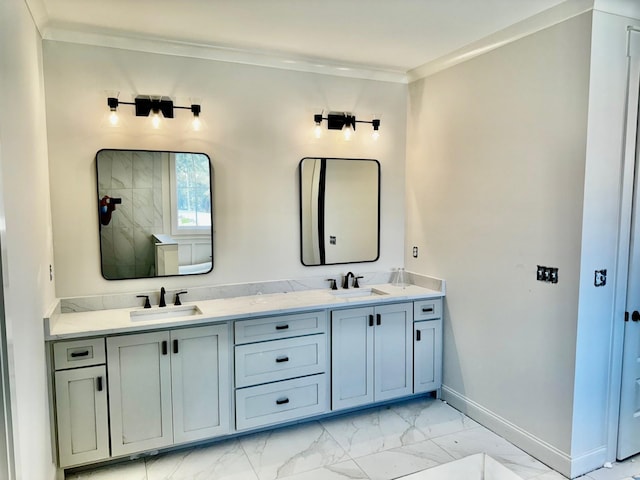 bathroom with vanity and crown molding