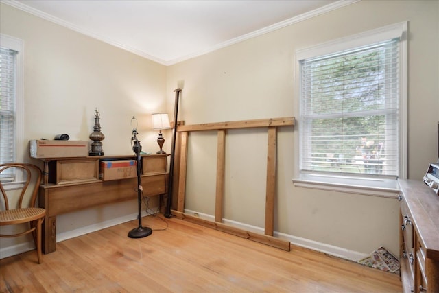 living area with light hardwood / wood-style floors, crown molding, and a healthy amount of sunlight