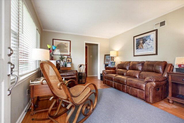 living room featuring light hardwood / wood-style floors and ornamental molding