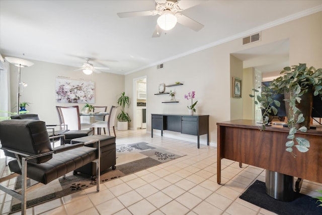 tiled living room featuring ornamental molding