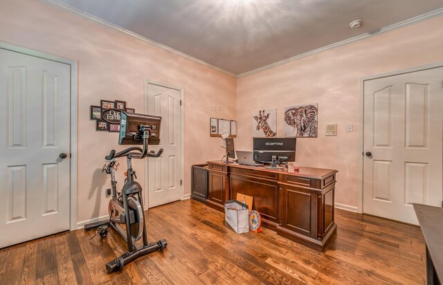 office featuring dark wood-type flooring, crown molding, and baseboards