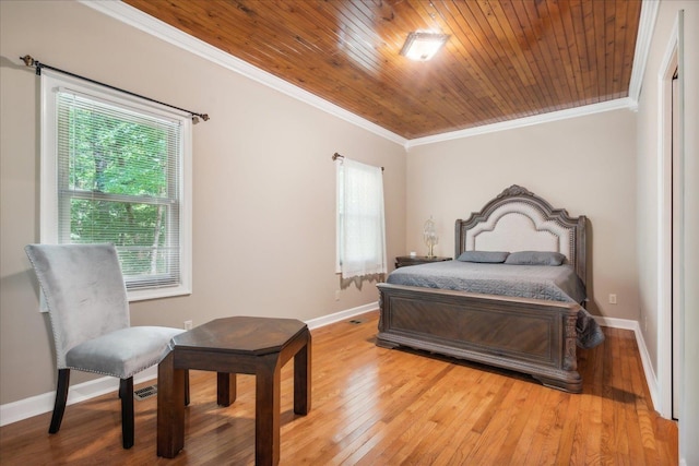 bedroom featuring light hardwood / wood-style flooring, multiple windows, crown molding, and wood ceiling