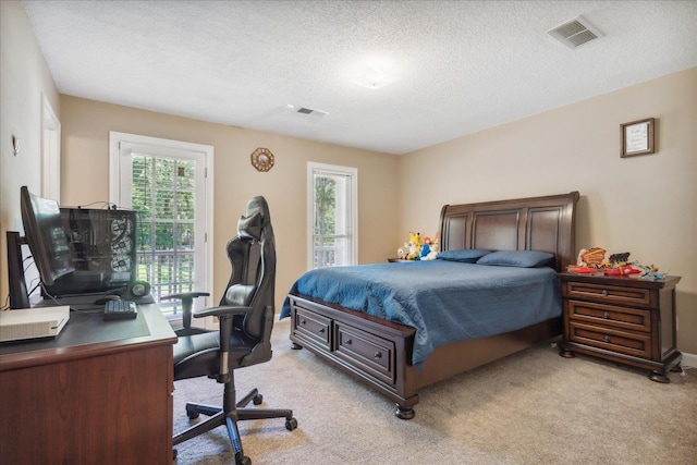 bedroom featuring multiple windows, light colored carpet, and a textured ceiling