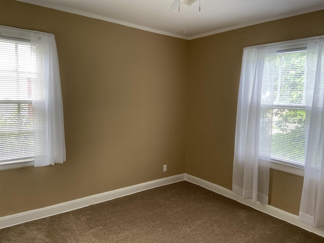 carpeted empty room with crown molding, ceiling fan, and a healthy amount of sunlight