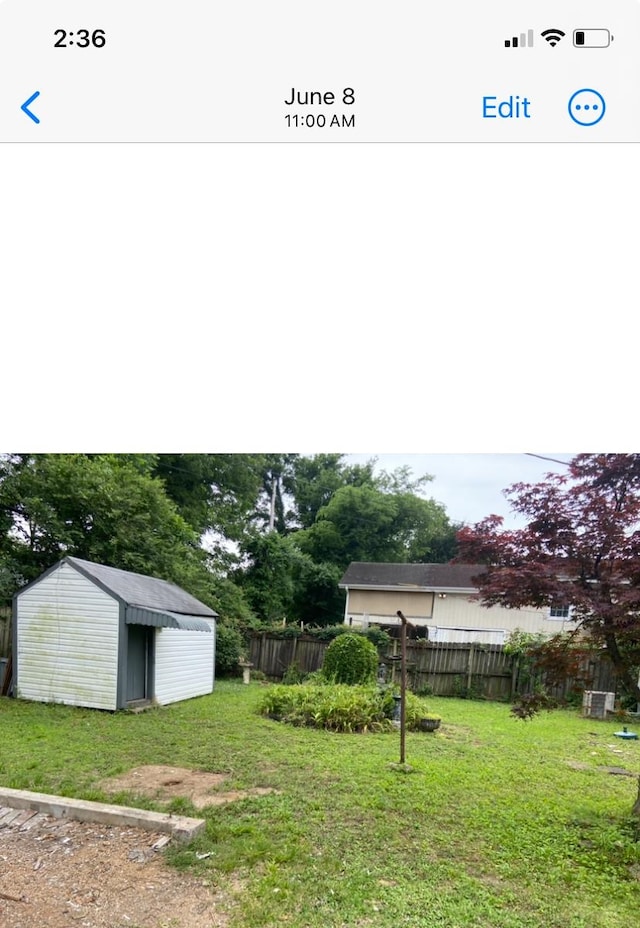 view of yard with a storage shed