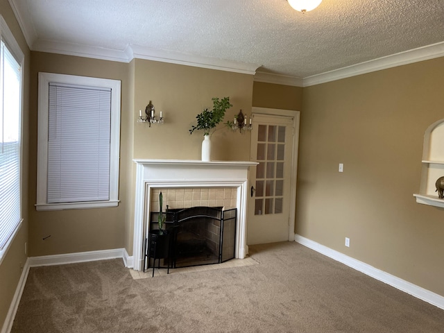 unfurnished living room featuring a textured ceiling, light colored carpet, crown molding, and a tiled fireplace