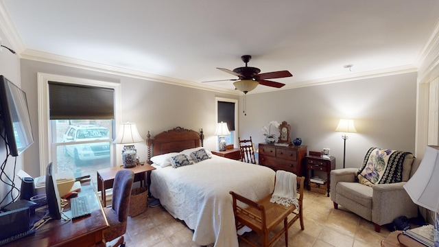 bedroom with ceiling fan and crown molding