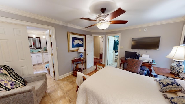 bedroom featuring ensuite bath, ceiling fan, crown molding, and light tile patterned floors