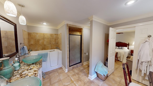 bathroom featuring tile patterned floors, ornamental molding, and plus walk in shower