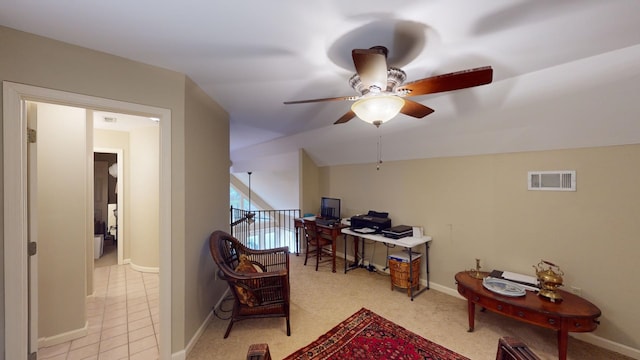 office featuring ceiling fan and vaulted ceiling